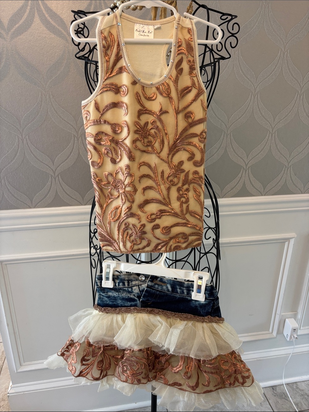 Ooh! La, La! Couture Gold & Cream Embroidered Tank with Layered Tulle Skirt